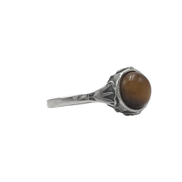 ANELLO MINIMAL CON CORNICE LAVORATA  PETRA TONDA CABOCHON OCCHIO DI TIGRE ARGENTO 925 