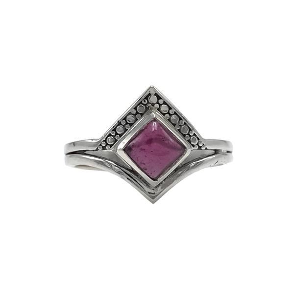 ANELLO CORNICE LAVORATA ROMBO PIETRA CABOCHON GRANATO ARGENTO 925 