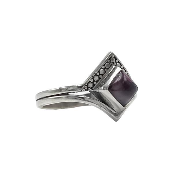 ANELLO CORNICE LAVORATA ROMBO PIETRA CABOCHON GRANATO ARGENTO 925 
