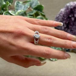 ANELLO MINIMAL FLOWER FOGLIE PIETRA OVALE CABOCHON ADULARIA PIETRA DI LUNA ARGENTO 925 