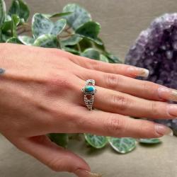 ANELLO MINIMAL FLOWER FOGLIE PETRA OVALE CABOCHON TURCHESE NATURALE ARGENTO 925 