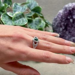 ANELLO MINIMAL FLOWER FOGLIE PIETRA OVALE CABOCHON MALACHITE ARGENTO 925 