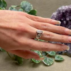 ANELLO FIORE FOGLIE PETRA CABOCHON QUARZO ROSA ARGENTO 925 