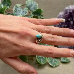 ANELLO FIORE FOGLIE PETRA CABOCHON TURCHESE NATURALE ARGENTO 925 