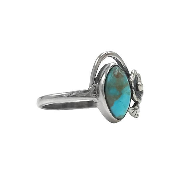 ANELLO FIORE FOGLIE PETRA CABOCHON TURCHESE NATURALE ARGENTO 925 