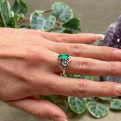 ANELLO FIORE FOGLIE PETRA CABOCHON AGATA VERDE ARGENTO 925 