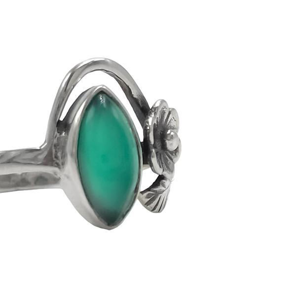 ANELLO FIORE FOGLIE PETRA CABOCHON AGATA VERDE ARGENTO 925 
