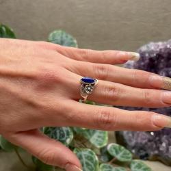 ANELLO FIORE FOGLIE PETRA CABOCHON LAPISLAZZULI ARGENTO 925 