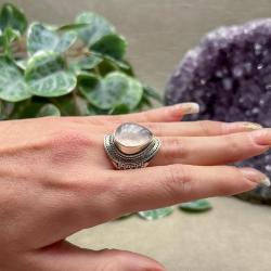 ANELLO BOHO CHIC PIETRA NATURALE GOCCIA GRANDE QUARZO ROSA ARGENTO 925 