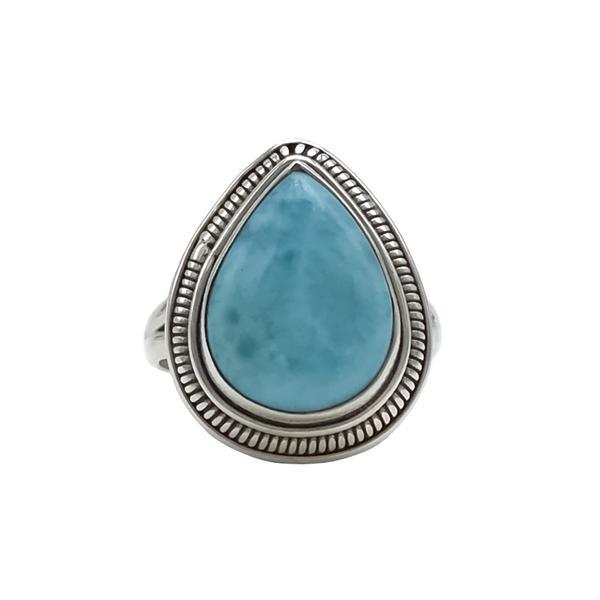 ANELLO CORNICE LAVORATA CON PIETRA A GOCCIA CABOCHON LARIMAR ARGENTO 925 
