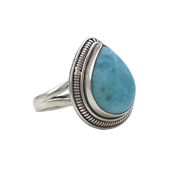 ANELLO CORNICE LAVORATA CON PIETRA A GOCCIA CABOCHON LARIMAR ARGENTO 925 