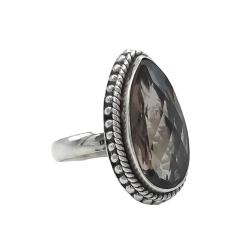 ANELLO BOHO PUNTINATO PIETRA GOCCIA BRIOLETTE QUARZO FUME ARGENTO 925 