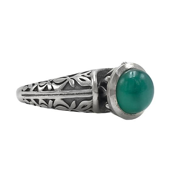 ANELLOETNICO INCISO PIETRA TONDA CABOCHON AGATA VERDE ARGENTO 925 