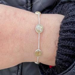 BRACCIALE MINIMAL  PIETRE OVALI BRIOLETTE QUARZO RUTILATO GOLD REGOLABILE ARGENTO 925