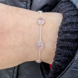 BRACCIALE MINIMAL  PIETRE OVALI BRIOLETTE QUARZO ROSA REGOLABILE ARGENTO 925