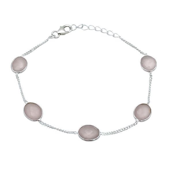 BRACCIALE MINIMAL  PIETRE OVALI BRIOLETTE QUARZO ROSA REGOLABILE ARGENTO 925