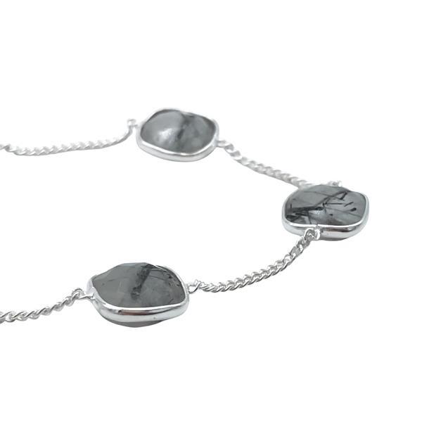 BRACCIALE MINIMAL  PIETRE QUADRATE BRIOLETTE QUARZO RUTILATO NERO REGOLABILE ARGENTO 925