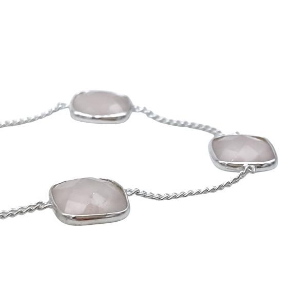 BRACCIALE MINIMAL  PIETRE QUADRATE BRIOLETTE QUARZO ROSA REGOLABILE ARGENTO 925