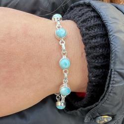 BRACCIALE MINIMAL CORNICE LISCIA PIETRE TONDA CABOCHON LARIMAR  REGOLABILE ARGENTO 925
