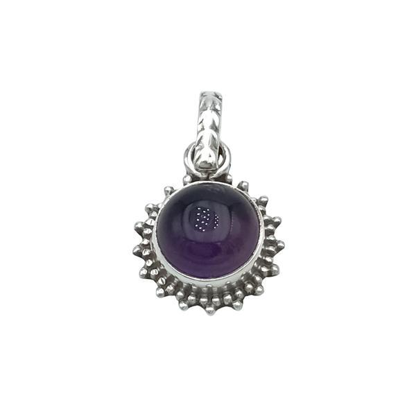 PENDENTE CORNICE PUNTINATA PIETRA TONDA CABOCHON AMETISTA ARGENTO 925