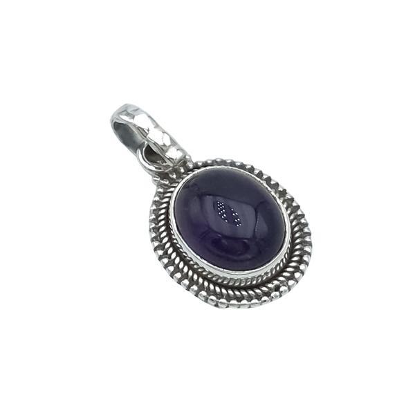 PENDENTE CORNICE LAVORATA PIETRA OVALE CABOCHON AMETISTA ARGENTO 925