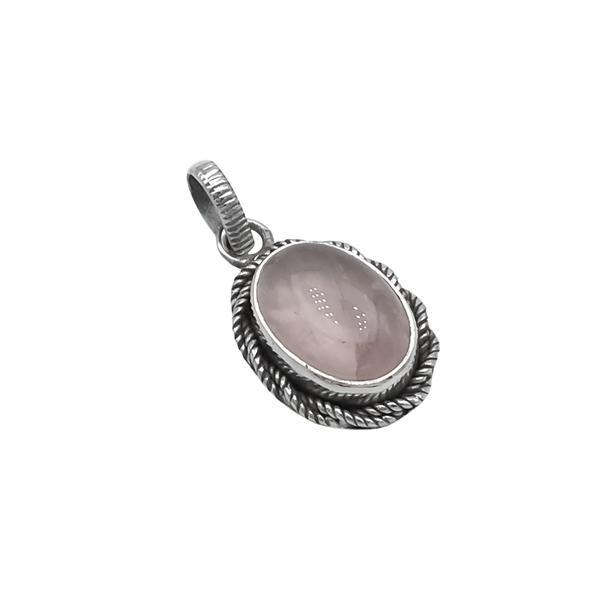 PENDENTE CORNICE OVALE QUARZO ROSA PIETRA NATURALE ARGENTO 925