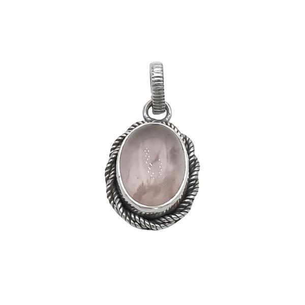 PENDENTE CORNICE OVALE QUARZO ROSA PIETRA NATURALE ARGENTO 925