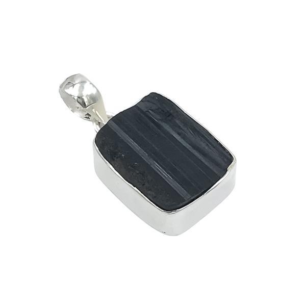 PENDENTE MINIMAL SQUADRATO TORMALINA NERA GREZZA PIETRA NATURALE ARGENTO 925