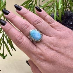 ANELLO ETNICO PIETRA OVALE NATURALE CABOCHON LARIMAR ARGENTO 925 