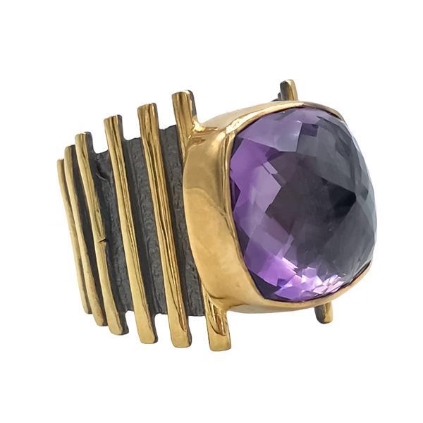 ANELLO BICOLOR ORO 22K E ARGENTO AMETISTA BRIOLETTE PIRAMIDE ARGENTO 925 