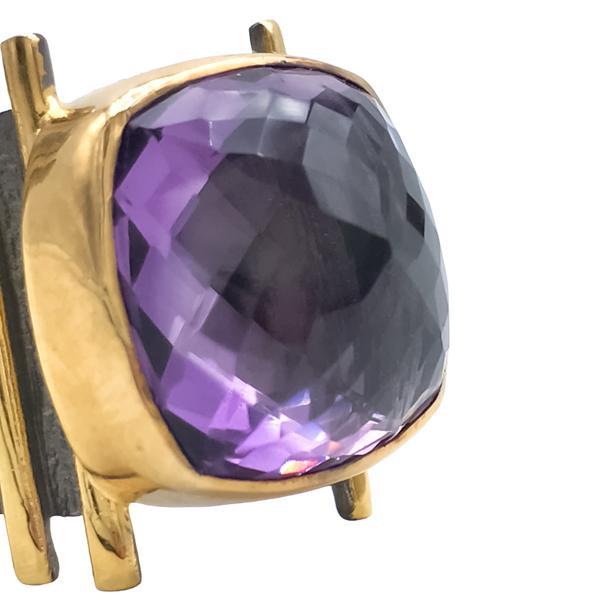 ANELLO BICOLOR ORO 22K E ARGENTO AMETISTA BRIOLETTE PIRAMIDE ARGENTO 925 