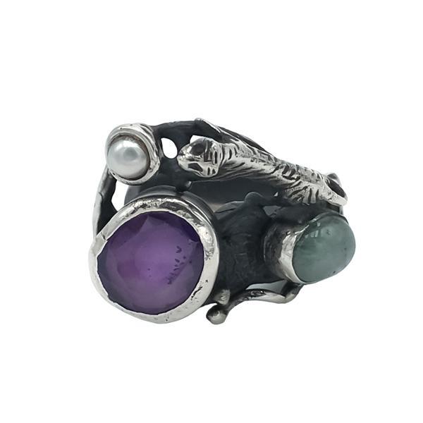 ANELLO PEZZO UNICO PIETRE AMETISTA PERLA DI FIUME PRHNITE E TIGRE ARGENTO 925 