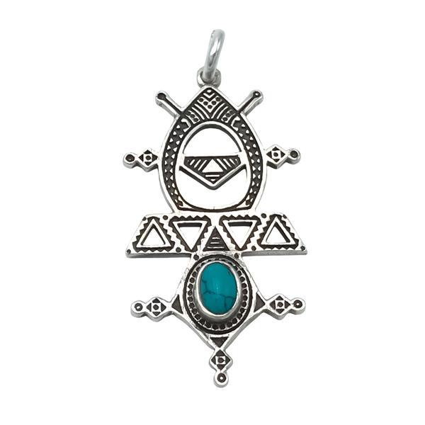 CIONDOLO CROCE TUAREG INCISA PIETRA NATURALE TURCHESE ARGENTO 925