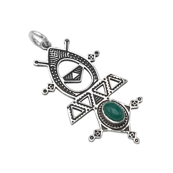 CIONDOLO CROCE TUAREG INCISA PIETRA NATURALE MALACHITE ARGENTO 925