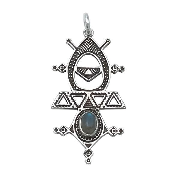 CIONDOLO CROCE TUAREG INCISA PIETRA NATURALE LABRADORITE ARGENTO 925