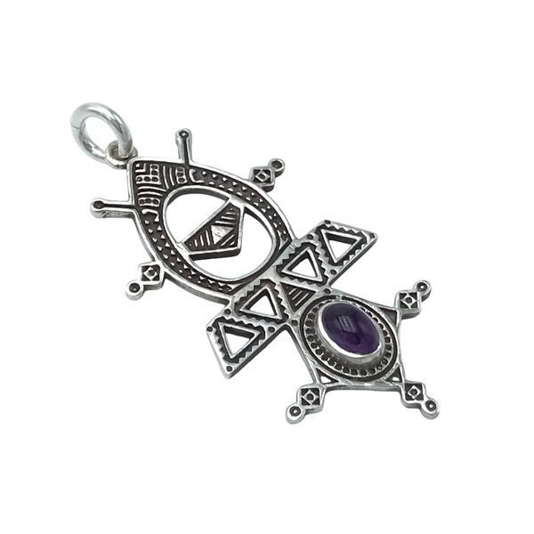 CIONDOLO CROCE TUAREG INCISA PIETRA NATURALE AMETISTA ARGENTO 925