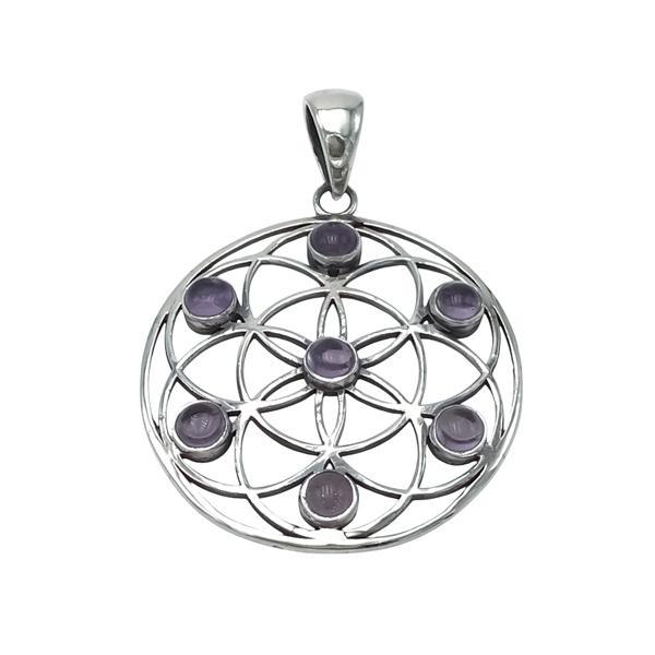 CIONDOLO SEME DELLA VITA GEOMETRIA SACRA PIETRA NATURALE AMETISTA ARGENTO 925