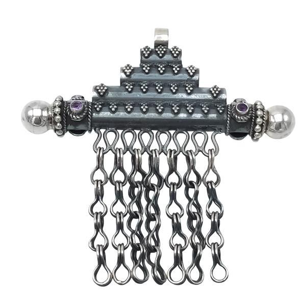 CIONDOLO ETNICO PIRAMIDE LAVORATA  PIETRA NATURALE AMETISTA  ARGENTO 925