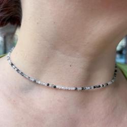 COLLANA ENERGETICA CRISTALLI BRIOLETTE QUARZO RUTILATO NERO REGOLABILE ARGENTO 925