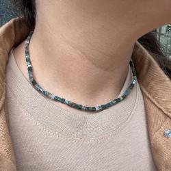 COLLANA ENERGETICA UNISEX REGOLABILE AGATA MUSCHIATA CABOCHON TUBOLARE ARGENTO 925