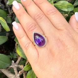 ANELLO DESIGN MINIMAL GOCCIA  AMETISTA CABOCHON REGOLABILE ARGENTO 925