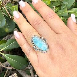 ANELLO DESIGN MINIMAL OVALE CORNICE LAVORATA LARIMAR CABOCHON REGOLABILE ARGENTO 925
