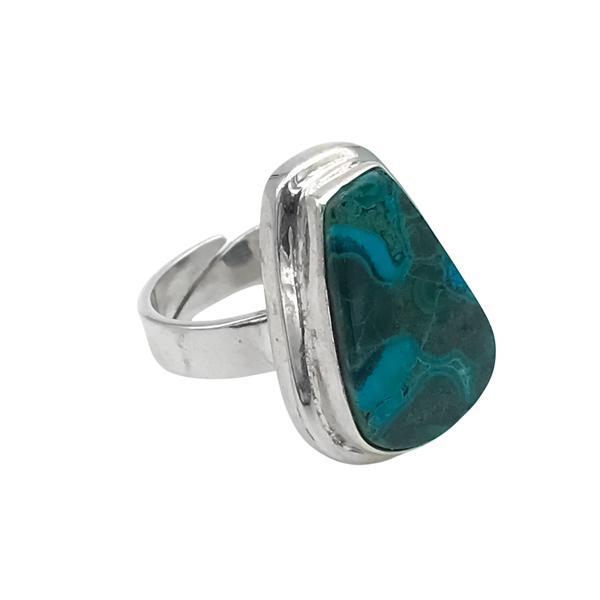 ANELLO DESIGN MINIMAL TRIANGOLARE CORNICE LAVORATA CRISOCOLLA CABOCHON REGOLABILE ARGENTO 925