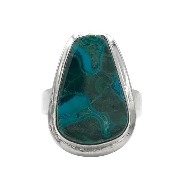 ANELLO DESIGN MINIMAL TRIANGOLARE CORNICE LAVORATA CRISOCOLLA CABOCHON REGOLABILE ARGENTO 925