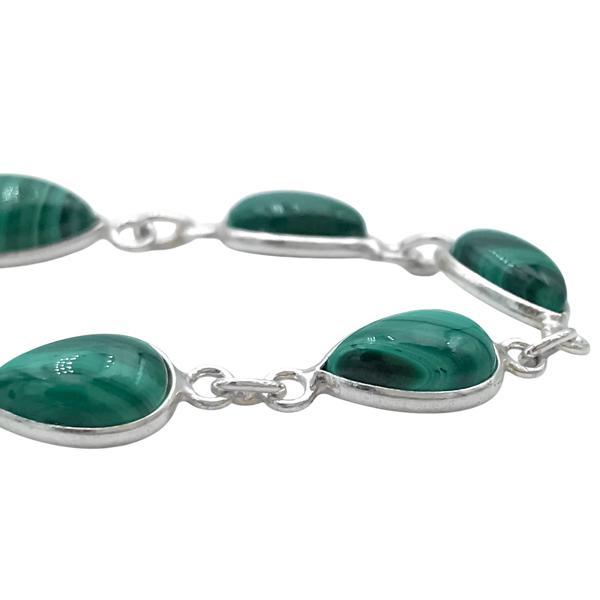 BRACCIALE MINIMAL CORNICE LISCIA PIETRE GOCCIA CABOCHON MALACHITE  REGOLABILE ARGENTO 925