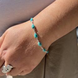BRACCIALE MINIMAL CORNICE LISCIA PIETRE GOCCIA CABOCHON TURCHESE  REGOLABILE ARGENTO 925
