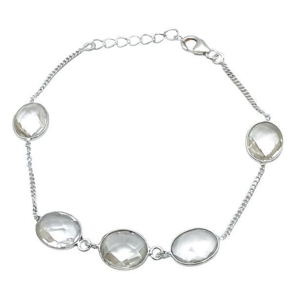 BRACCIALE MINIMAL CORNICE LISCIA PIETRA OVALE  BRIOLETTE CRISTALLO DI ROCCA  REGOLABILE ARGENTO 925