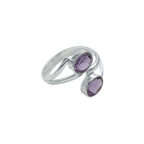 ANELLO DESIGN MINIMAL DUE PIETRE OVALI AMETISTA BRIOLETTE REGOLABILE ARGENTO 925