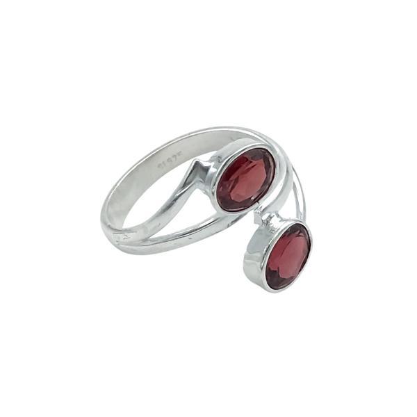 ANELLO DESIGN MINIMAL DUE PIETRE OVALI GRANATO  BRIOLETTE REGOLABILE ARGENTO 925