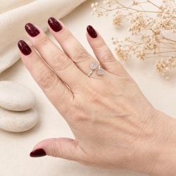 ANELLO DESIGN MINIMALDOPPIA PIETRA GOCCIA E TONDA QUARZO ROSA CABOCHON  REGOLABILE ARGENTO 925